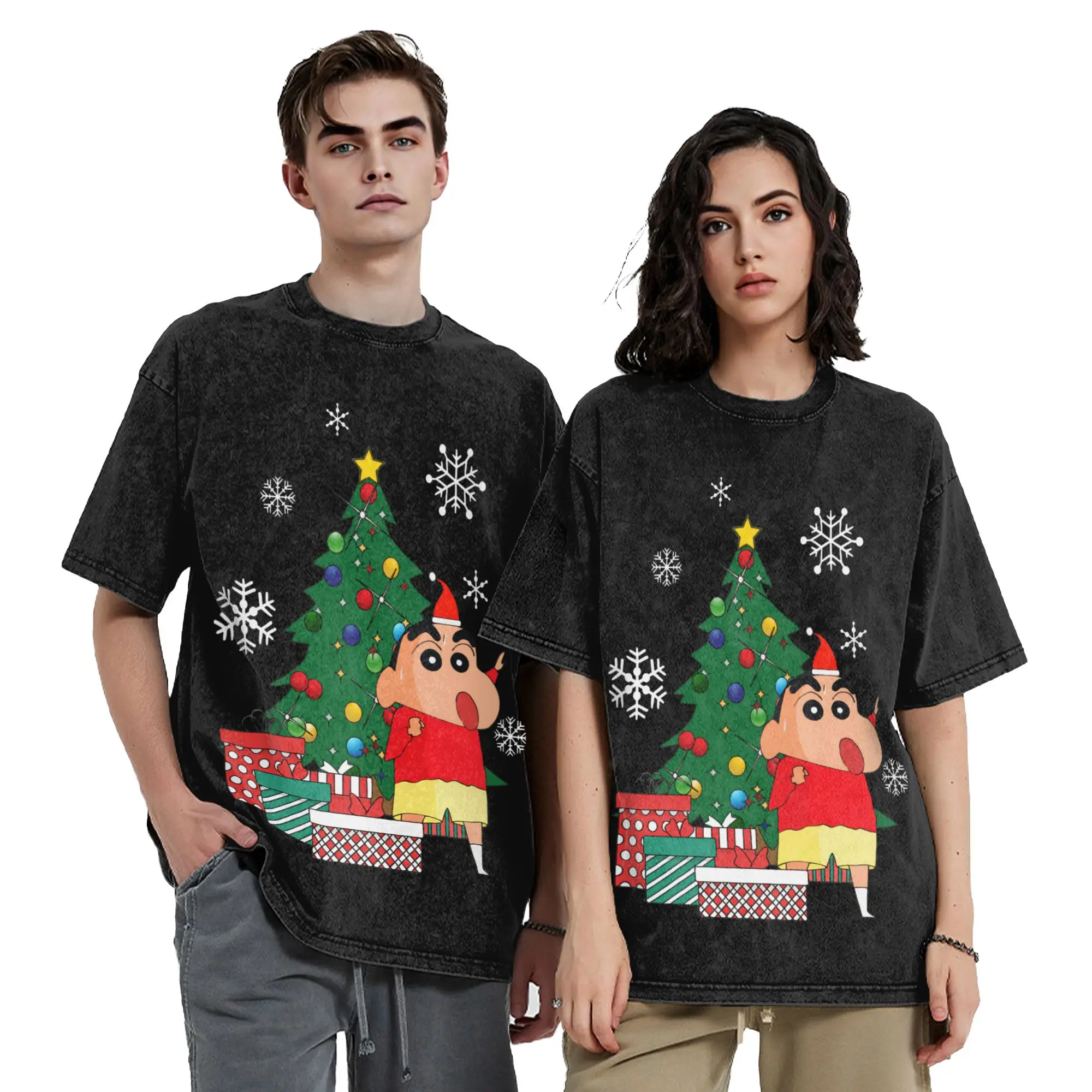 Crayons Shin-Chans Christmas Washed T Shirts Streetwear Vintage T-Shirts  Tees Tops for Men Women Short Sleeve Oversize Graphic