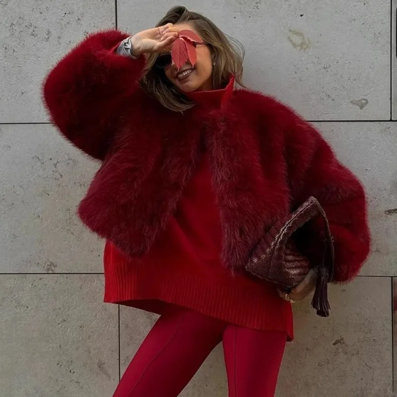 Tuularose Women Fur Coat Women 2025 Plush Red Bomber Jacket Solid Crop Long Sleeve Jacket Warm Winter Coats Female Casual Coats