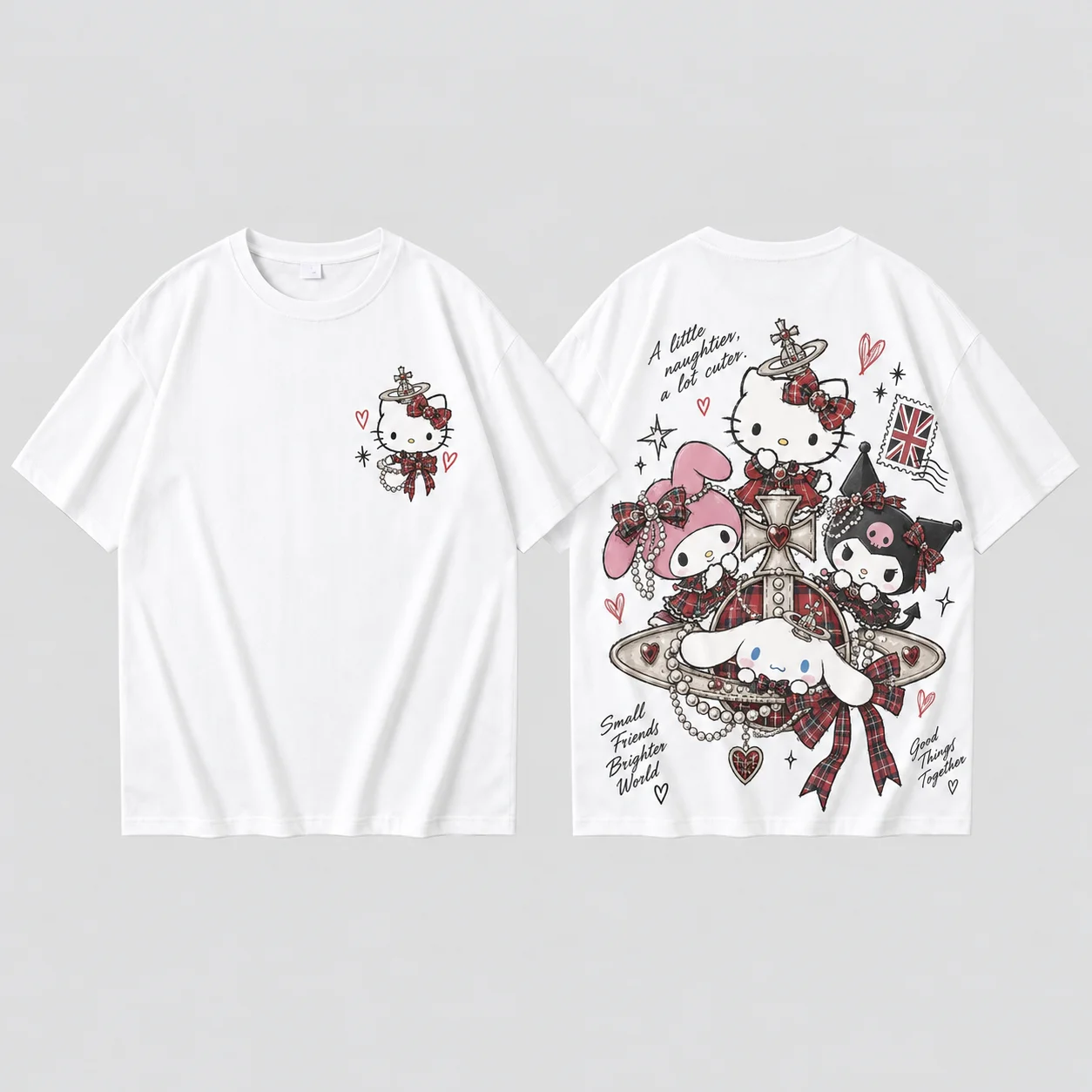Sanrio Hello Kitty Good Friends Parent Child Graffiti Print T Shirt Men's Women's White Kawaii Cute Streetwear Short Sleeve Top
