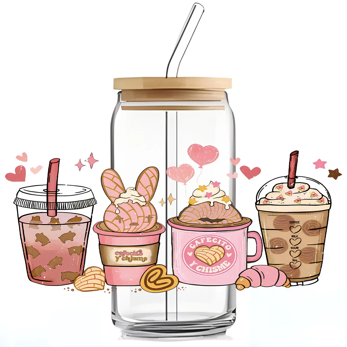 Pink cake patterned glass cup, milk tea cup sticker, coffee cup sticker, transfer printing sticker, sticker, DTF UV cup packagin