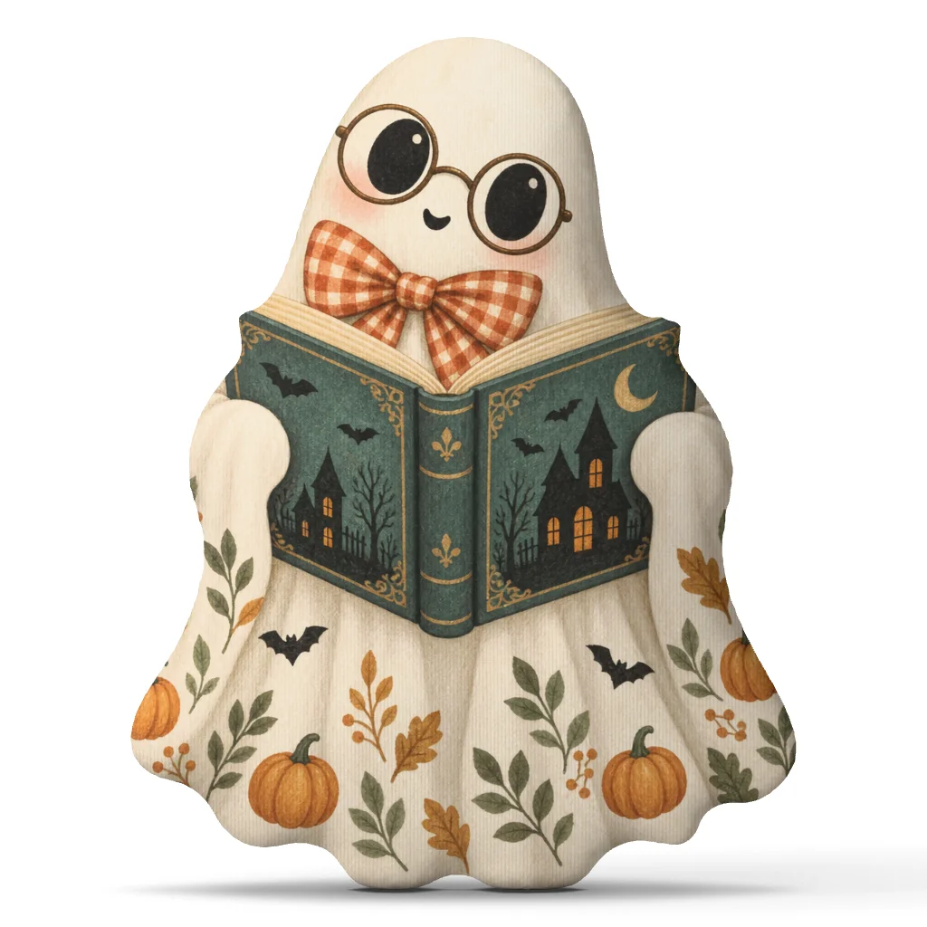 Halloween Reading Ghost Plush Pillow Bookish Cushion Shaped Stuffed Throw Pillow Autumn Home Decor Gift for Readers Sofa