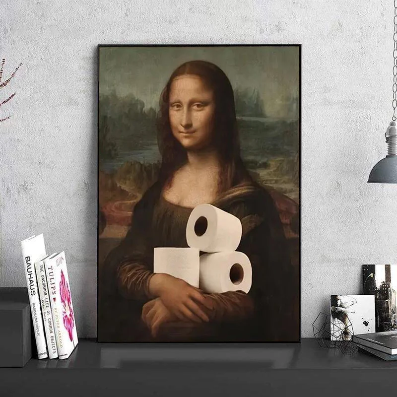 

Fun Mona Lisa Holding Toilet Paper Poster and Prints Canvas Wall Art Picture for Bathroom Toilet Home Decoration Gift