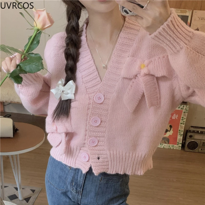 Autumn Winter Sweet Knitted Cardigan Women Vintage V-Neck Flowers Bow Full Sleeve Sweater Korean Style Loose Short Knitting Tops