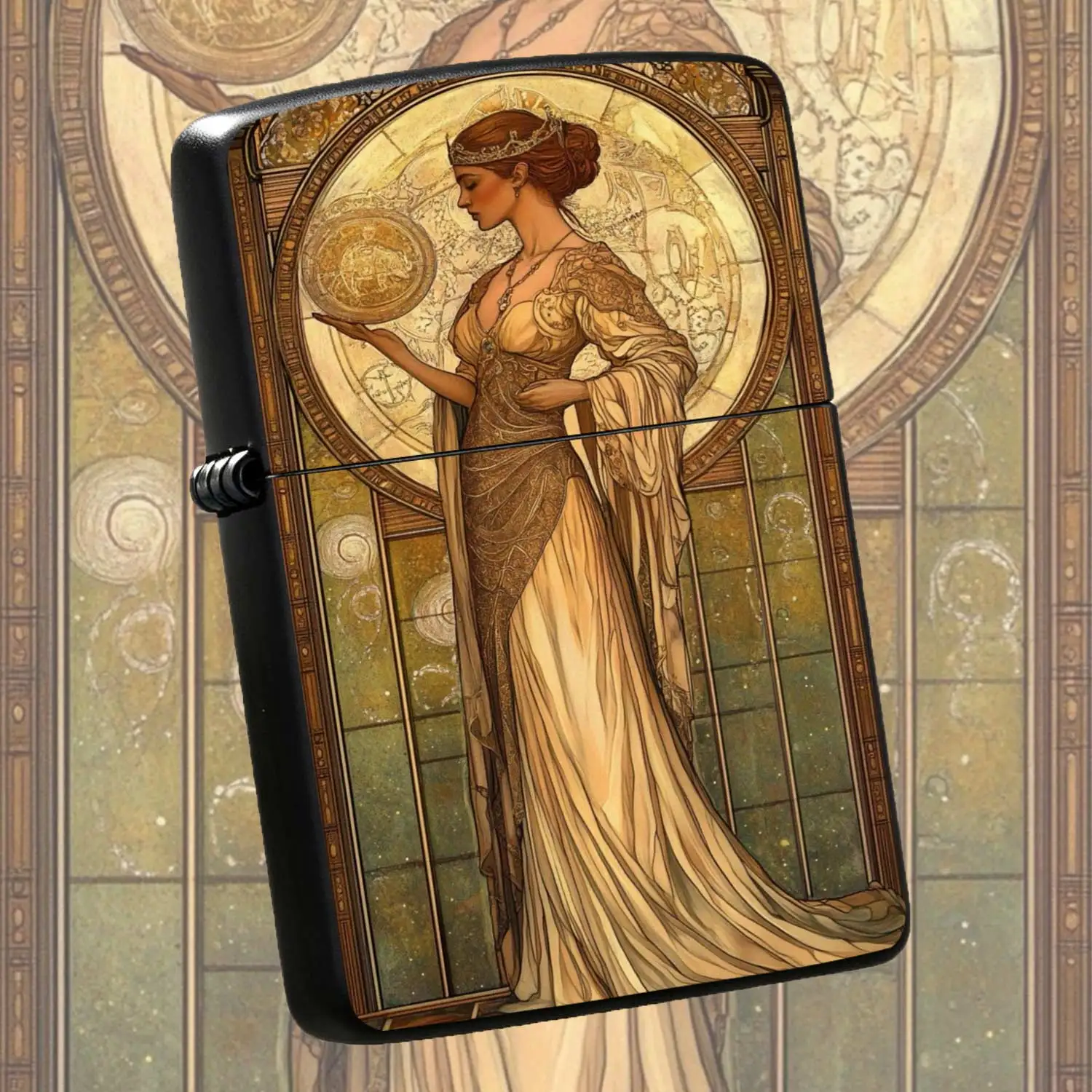 Vintage Mucha Style Court Goddess Flip-top  Windproof  Lighter Refillable Fuel Portable Pocket Type European Art Illustration Embossed Texture Collectible Portable  Tool Humorous and Fun Lighter
