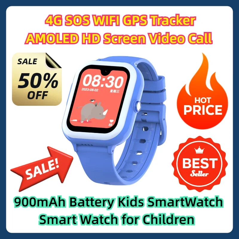 4G SOS WIFI GPS Tracker AMOLED HD Screen Video Call 900mAh Battery Kids SmartWatch Smart Watch for Children