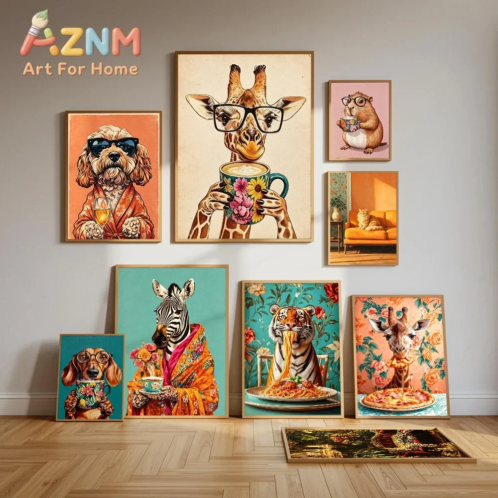 1-piece, fun canvas poster featuring tigers, leopards, giraffes, glasses wearing puppies, bathroom monkeys