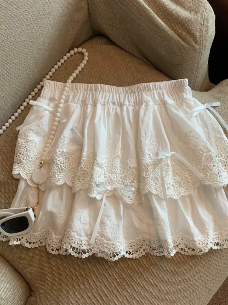Sweet And Spicy Lace White Mesh Half Skirt Women's Early Autumn High Waist Slim A-Line Skirt Korean Style Commute Design