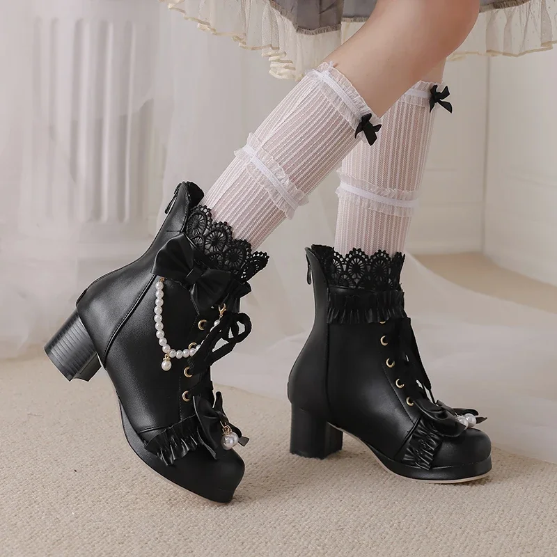 2023 new autumn winter Women ankle boots plus size 22-28CM pu upper modern boots lace Pearl Chain Bow Lolita thick heel boots