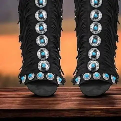 

Sexy Ladies Tassel Gem Catwalk Boot 2026 Open Toe Luxury Roman Street Stiletto Casual Sandal Retro Black Brown Model Stage Boot