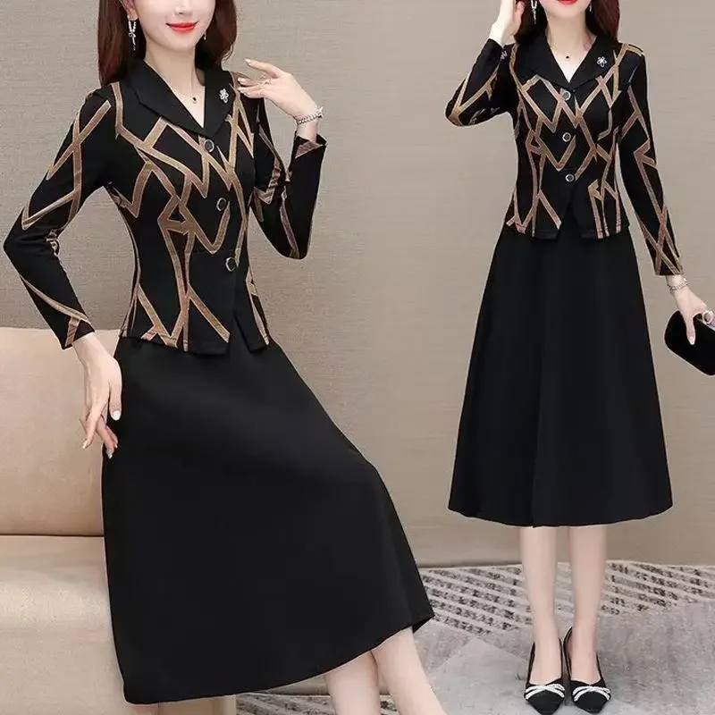 

Women New Autumn Temperament Mother's Fake Two Piece Dress High End Luxury Spring and Autumn Suit Collar Long Sleeved Dress
