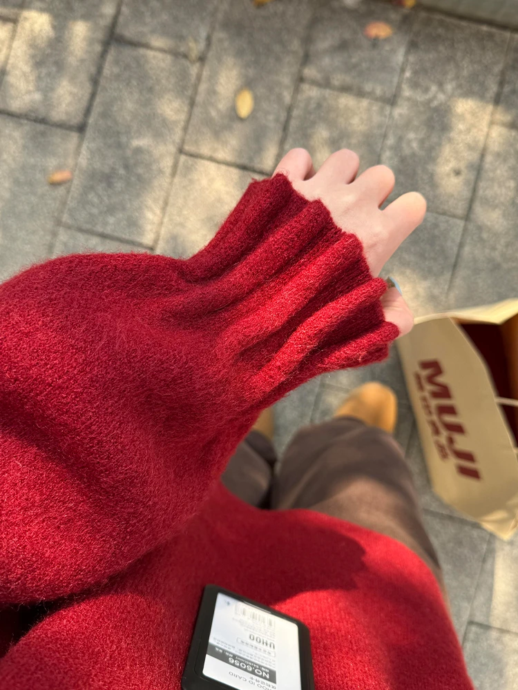 

Красный свободный женский трикотажный свитер, осень-зима, внутренняя одежда, ленивый, элитный, уникальный, красивый, модный, сладкий, с длинным светом...