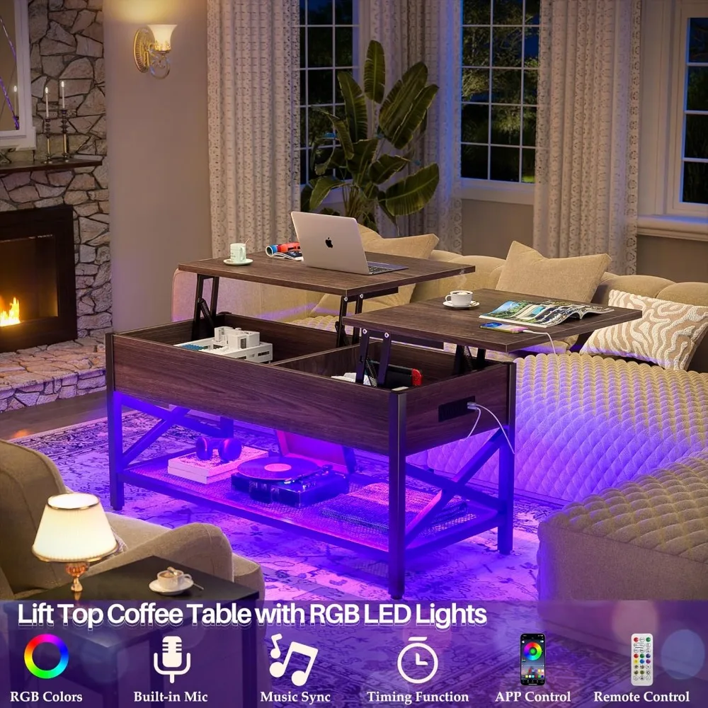 Coffee Table, Lift Top Coffee Table with LED light and Power Outlet, Modern Lift-Top Table with Storage Shelf, Center Table for