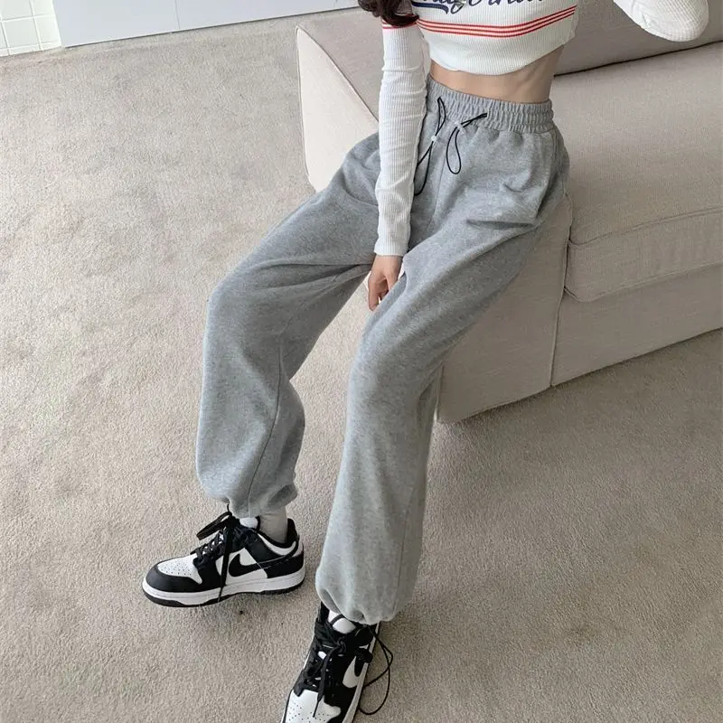 Womens Grey High Rise Loose Joggers 2026 Spring Summer Cuffed Straight Narrow Wide Leg Pants
