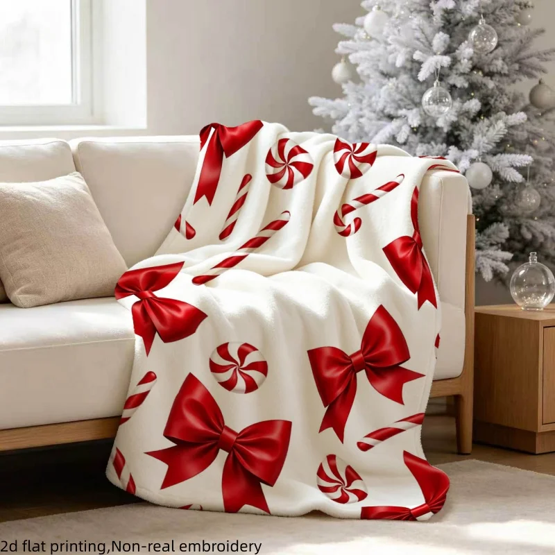 Christmas Candy Cane Flannel Blanket Red Bow Peppermint Holiday Throw Blanket for Sofa Bed Couch Bedroom Living Room Winter Home Decor Christmas Decoration Seasonal Gift Cozy Nap Blanket Office Travel Sweet Festive Bedding Party Room Accent