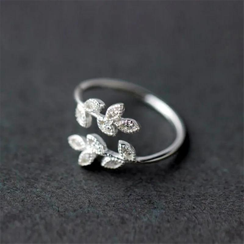 New Fashion Temperament Flash Crystal Leaf 925 Sterling Silver Jewelry Sweet Branch Popular Gift Opening Rings TYB489