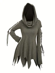 European and American fashion ladies' ragged sleeves Grunge irregular hooded top solid color casual top