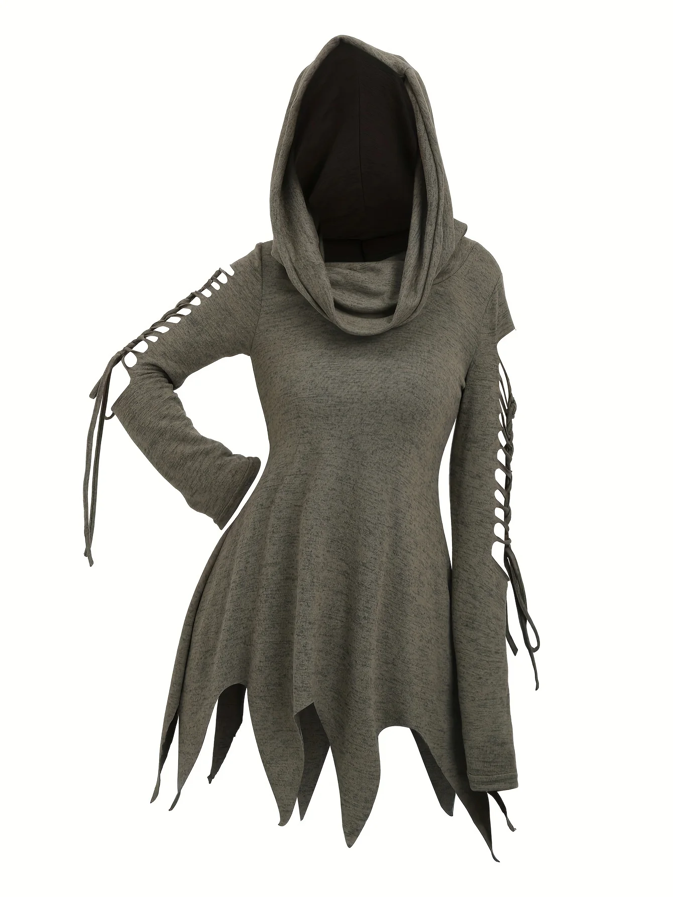 European and American Fashion Ladies' Ragged Sleeves Grunge Irregular Hooded Top Solid Color Casual Top