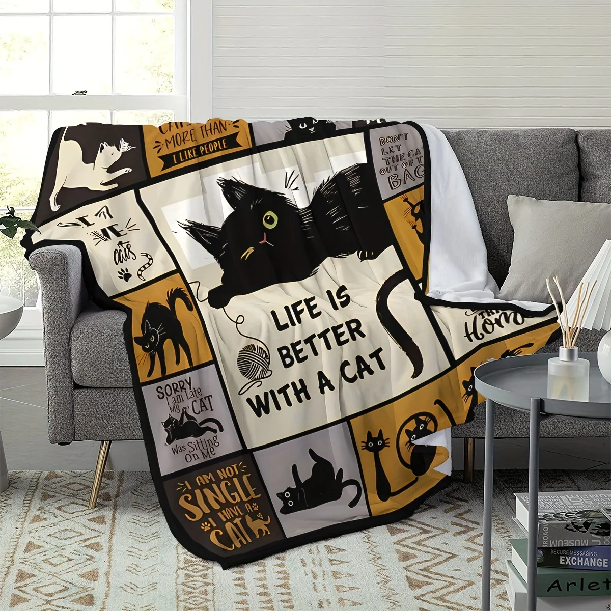 Lucky Cat Digital Print Throw Blanket - Perfect for Halloween, Naps, Air Conditioning, Sofa & Camping - All-Season Flannel