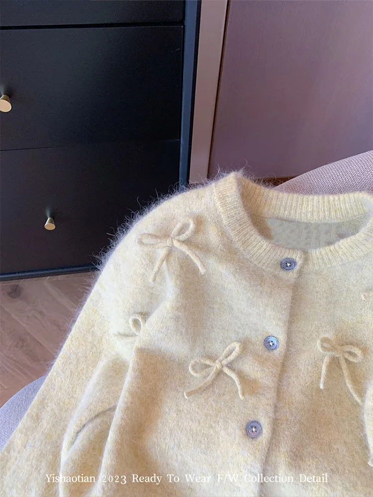 2023 Autumn Winter Women Knitted Cardigans Loose Japanese Preppy Style Sweet Bow Sweater Oversize Yellow Jumper 2000s Aesthetic