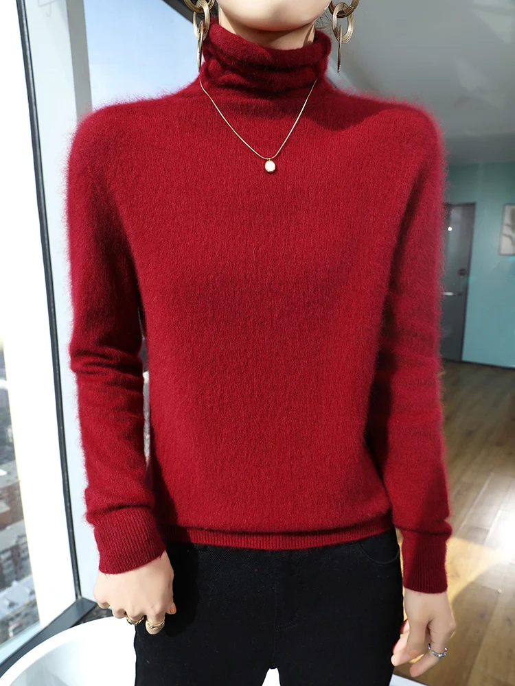 Seamless 100% Mink Cashmere Sweater Women's Clothing V-neck Knitted Pullover Spring  Autumn New Long Sleeved Solid Color Tops