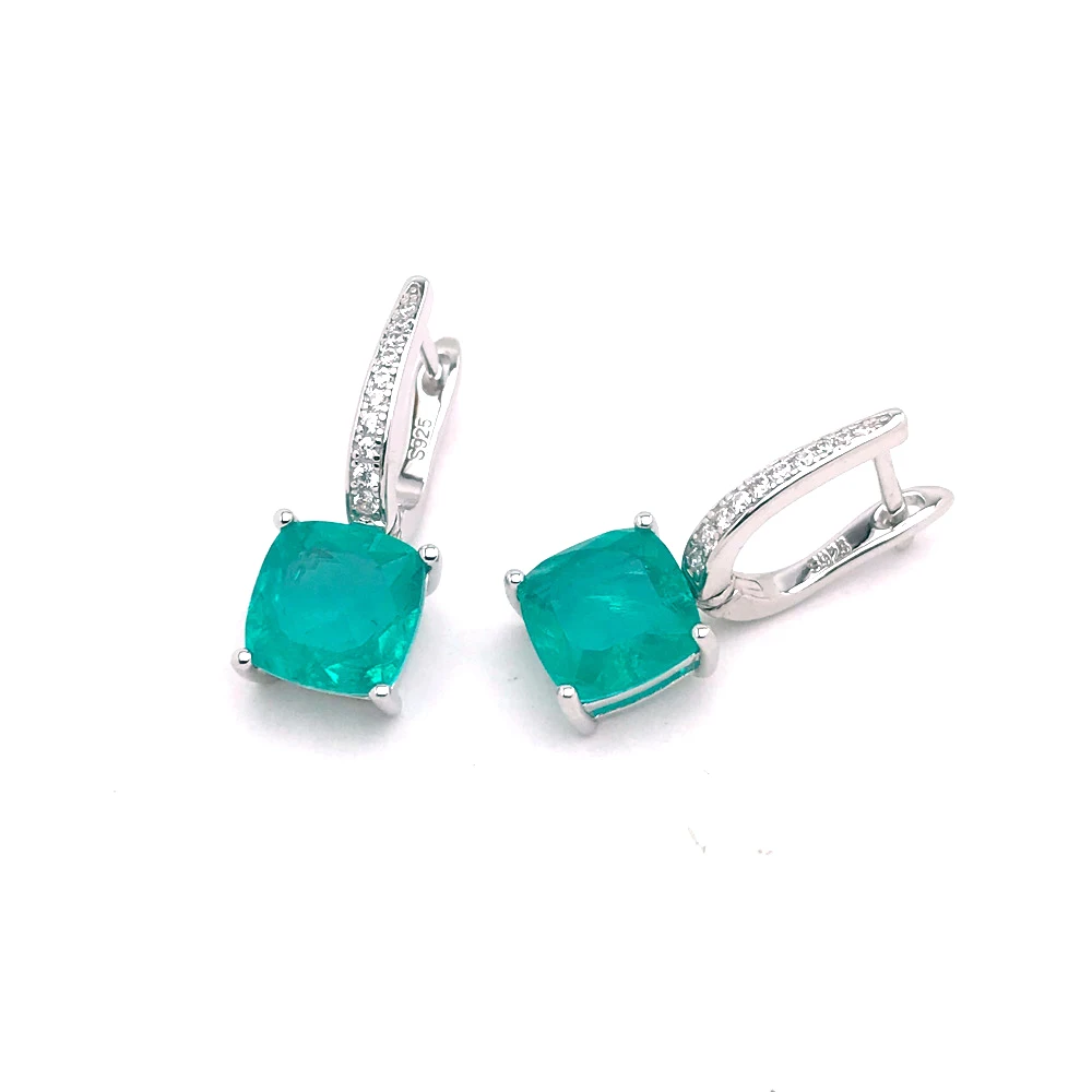 CSJ Elegant Paraiba Tourmaline Earrings Solid 925 Sterling Silver Created Emerald Gemstone 8mm for Women Party Jewelry Gift