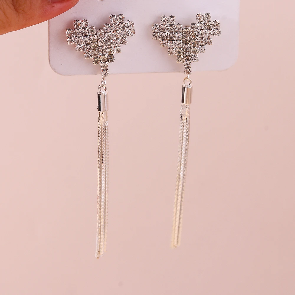 Aihua Koreanische Neue Glänzende Zirkon-Herz-Ohrstecker für Frauen Lange Quasten-Ohrringe Verlobungs- und Jubiläumsschmuck Geschenke – Detail 1