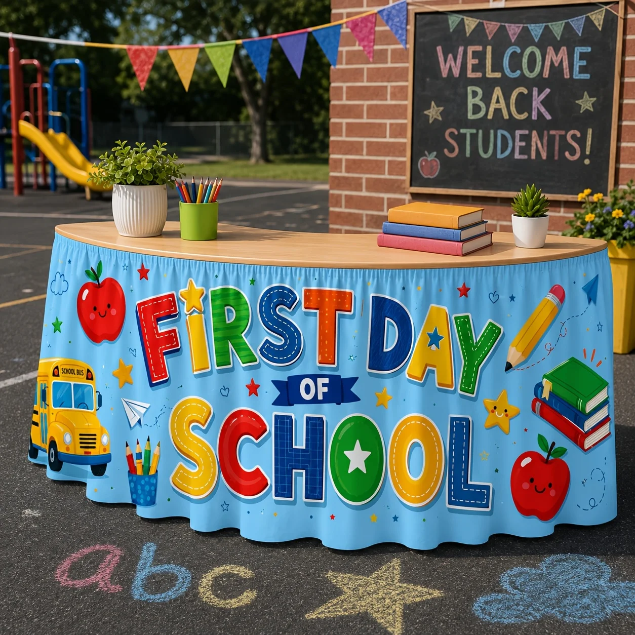 Send a tablecloth. 1 piece of themed tablecloth design for the first day of school, including school bus and apples.zyc