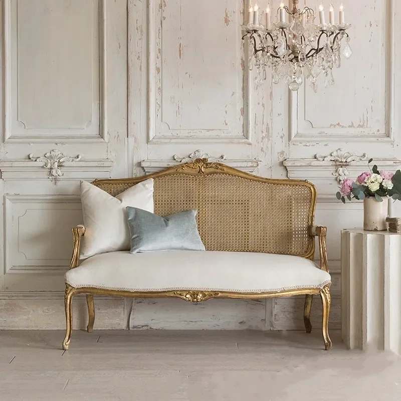 French Retro Solid Wood Carved Flower Sofa Old Braided Rattan Casual Photography Studio Furniture B&B Style Couch