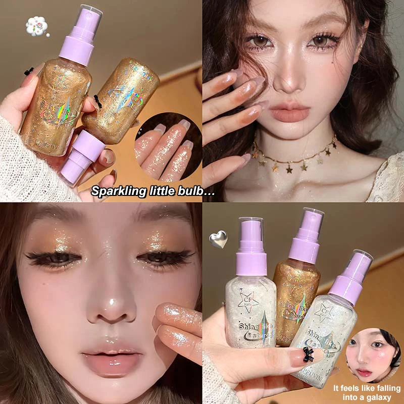 Płynny rozświetlacz w sprayu, brokatowy puder do konturowania twarzy, rozświetlający spray do ciała, szybkoschnący kosmetyk do makijażu z brokatem.