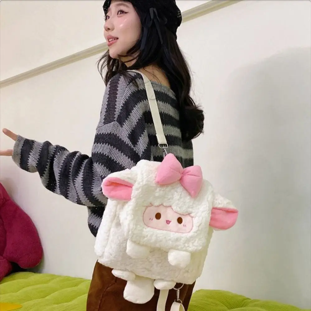 Casual Fluffy Cute Sheep Bag Soft Heart Plush Sheep Backpack Bow Kawaii Students