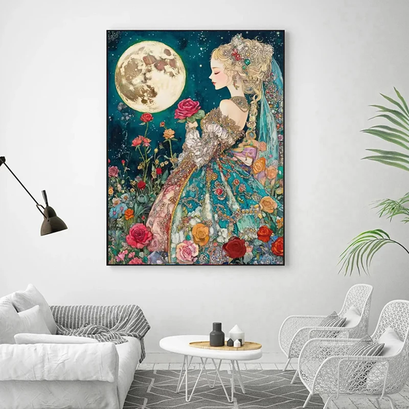 Moon Full Fairy Dust Drill Diamond Painting Beauty Girl Diy Crystal Cross Stitch Embroidery Flower Mosaic Art Woman Home Decor