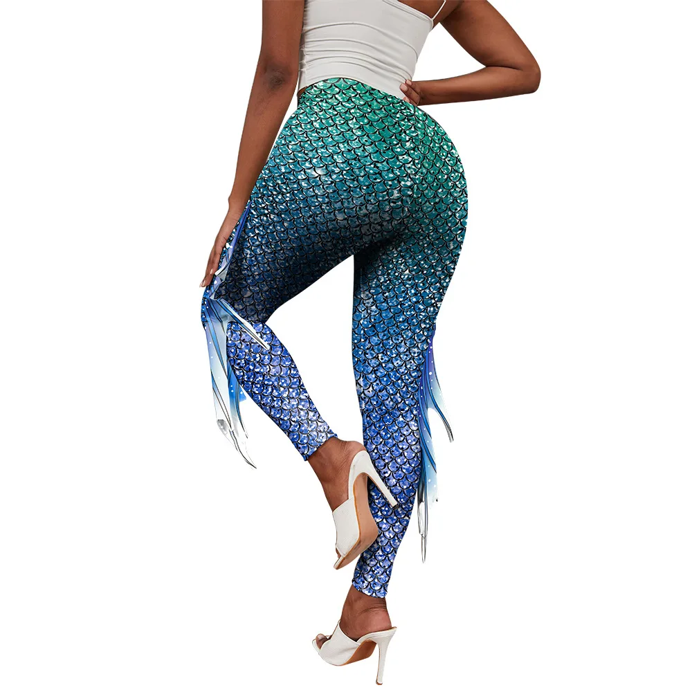 Pantalones con estampado de sirena para mujer, pantalones con estampado 3D de escamas de pescado, mallas de moda para mujer, pantalones ajustados para Cosplay de Yoga