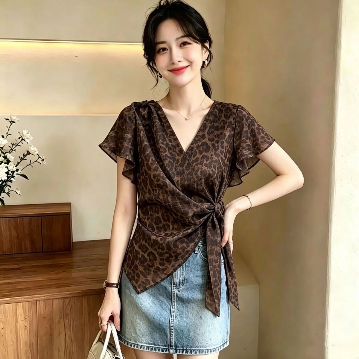 Fashionable Leopard Print Short Sleeve Top with Knot Tie Design Slimming Lightweight Elegant Women's Shirt V-Neck Polyester B...