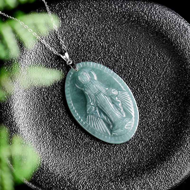 Natural A-grade Jade Blue Water Virgin Mary Pendant S925 Silver Inlaid Men's Charms Women's Jewelry Wholesale Drop Shipping 2