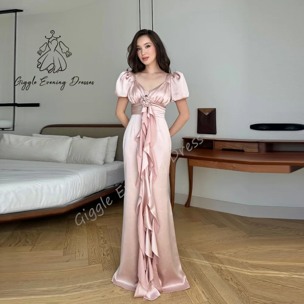 Personalizado giggle vestido de festa em linha reta com decote em v rendas flor artesanal mangas curtas cetim ruched formal saudita para mulher 2024