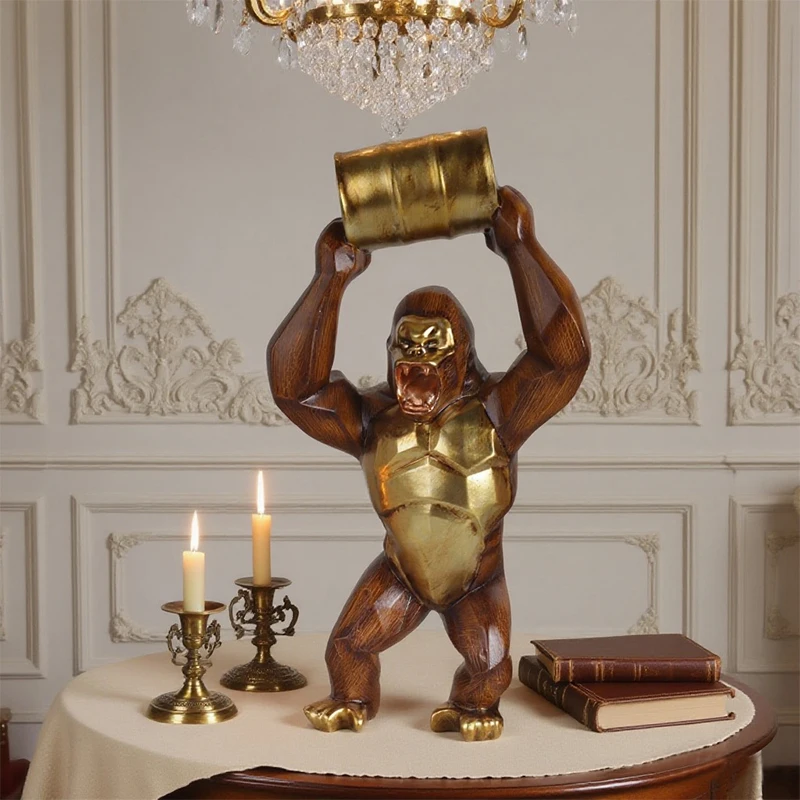 Wood-grain Gorilla Sculpture Resin Animal Sculpture Decorative Piece for Home, Bedroom, Living Room, Study, and Counter