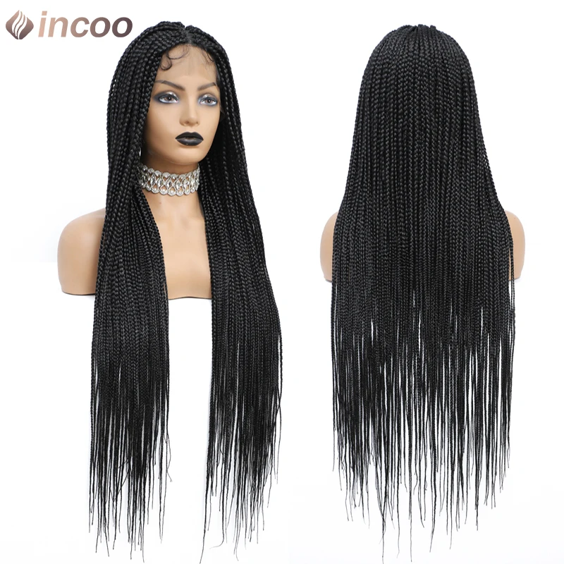 36" Synthetic Full Lace Wig Knotless Box Braided Wigs For Black Woman Cornrow Braided Lace Front Wig African Square Hair Wigs