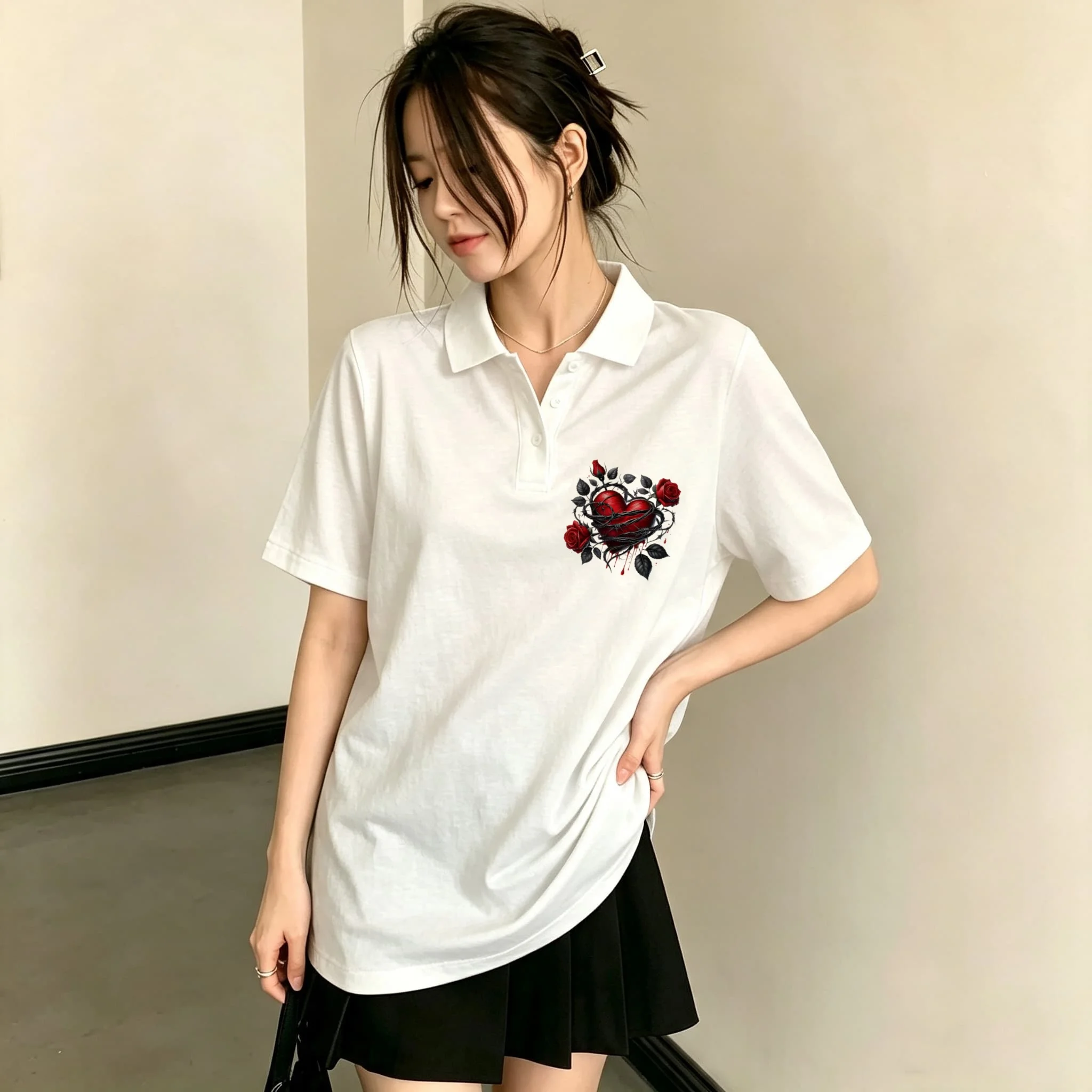 Classic Women Lapel Black Polo Shirt Edgy Thorn Wrapped Heart Rose Floral Print Short Sleeve Thin Light Fabric Everyday Casual Shopping Tee