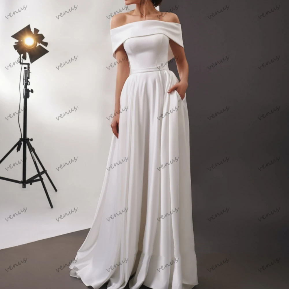 

Simple Wedding Dresses A-Line Satin Bridal Gowns Off The Shoulder Robes For Formal Party Sweep Train Glamorous Vestidos De Novia