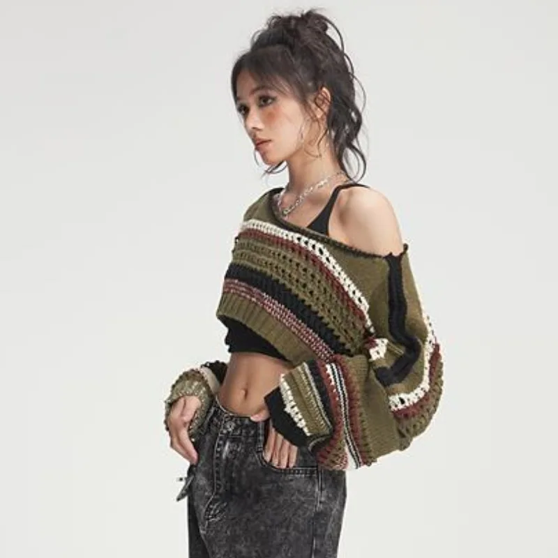 Y2k Hollow Out Crop Sweaters for Women Green Striped Pullovers Hot Girls Vintage Punk Street Wear Autumn Winter Sexy Popular