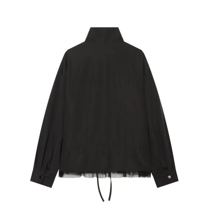 Women Autumn Jacket Casual lace up mesh spliced jacket New High Collar Long Sleeve Regular Jacket With Drawstring Female Jackets