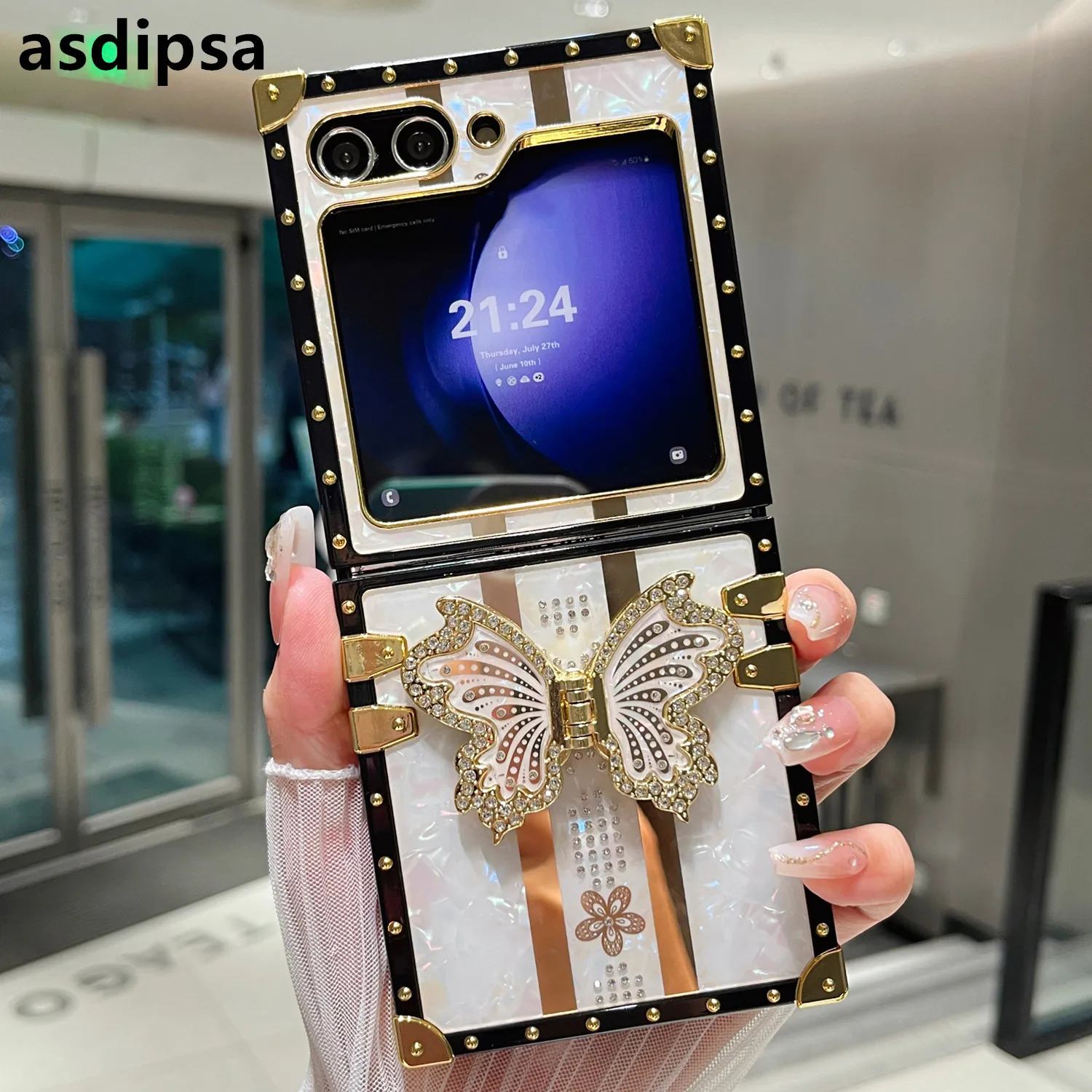 

Bling Square Suitcase Armor Case For Samsung Galaxy Z Flip 5 4 ZFlip5 3D Diamond Metal Butterfly Foldable Holder Bracket Cover