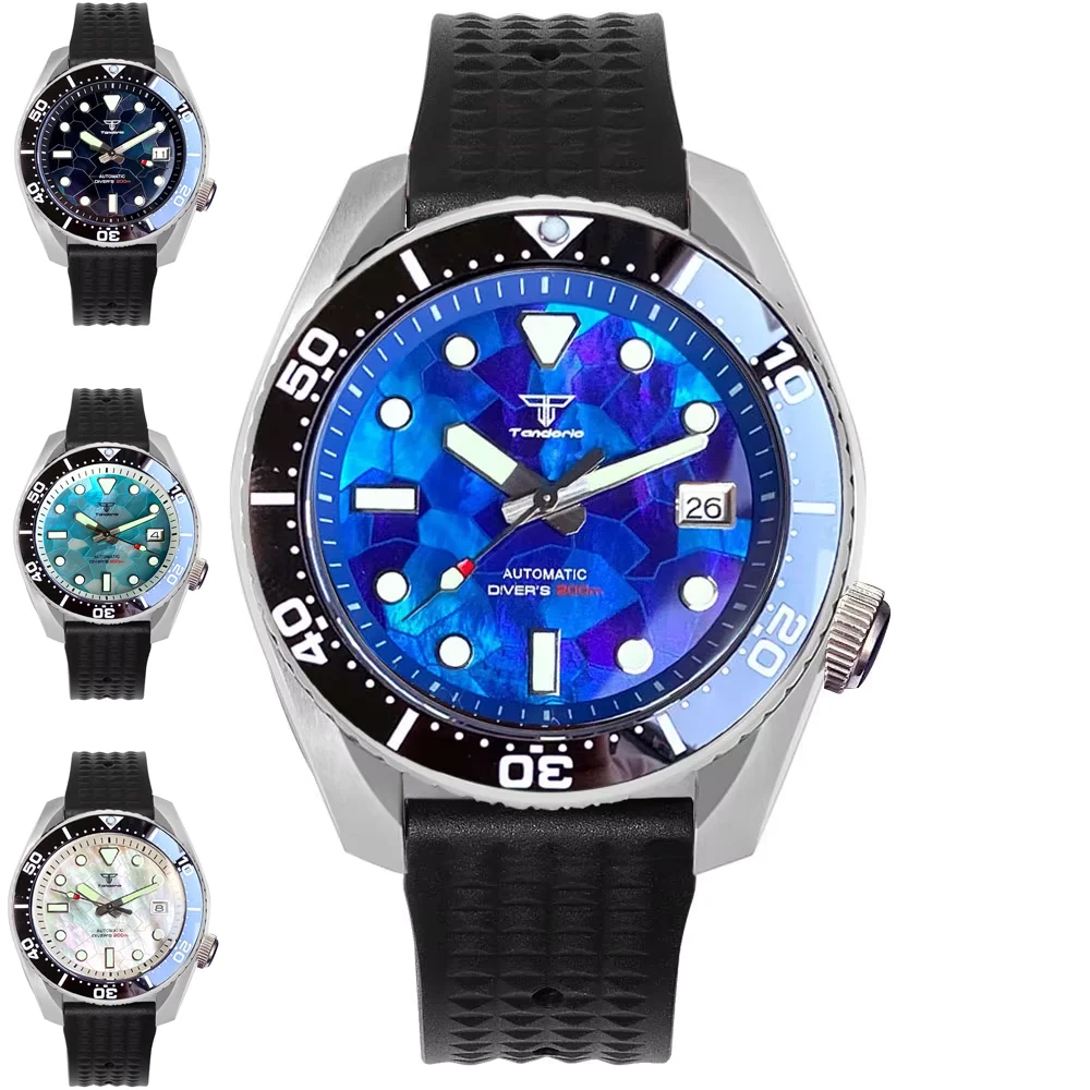 

Tandorio 42,5 мм Япония NH35A Auto 20ATM дайверские мужские часы с сапфировым стеклом Lume резиновый ремешок швабра циферблат вращающийся безель с датой 3,8 часа