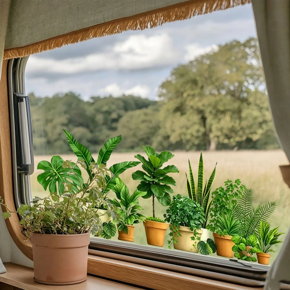 PVC Tropical Green Plant Static Cling Sticker for Glass 25x58cm For Kitchen Balcony Removable Botanical Accent