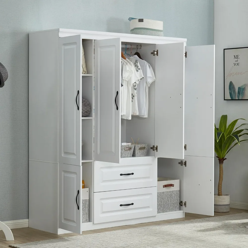 74 inch H wardrobe with door, white independent wooden wardrobe, cabinet with hanging pole shelf, 2 drawers