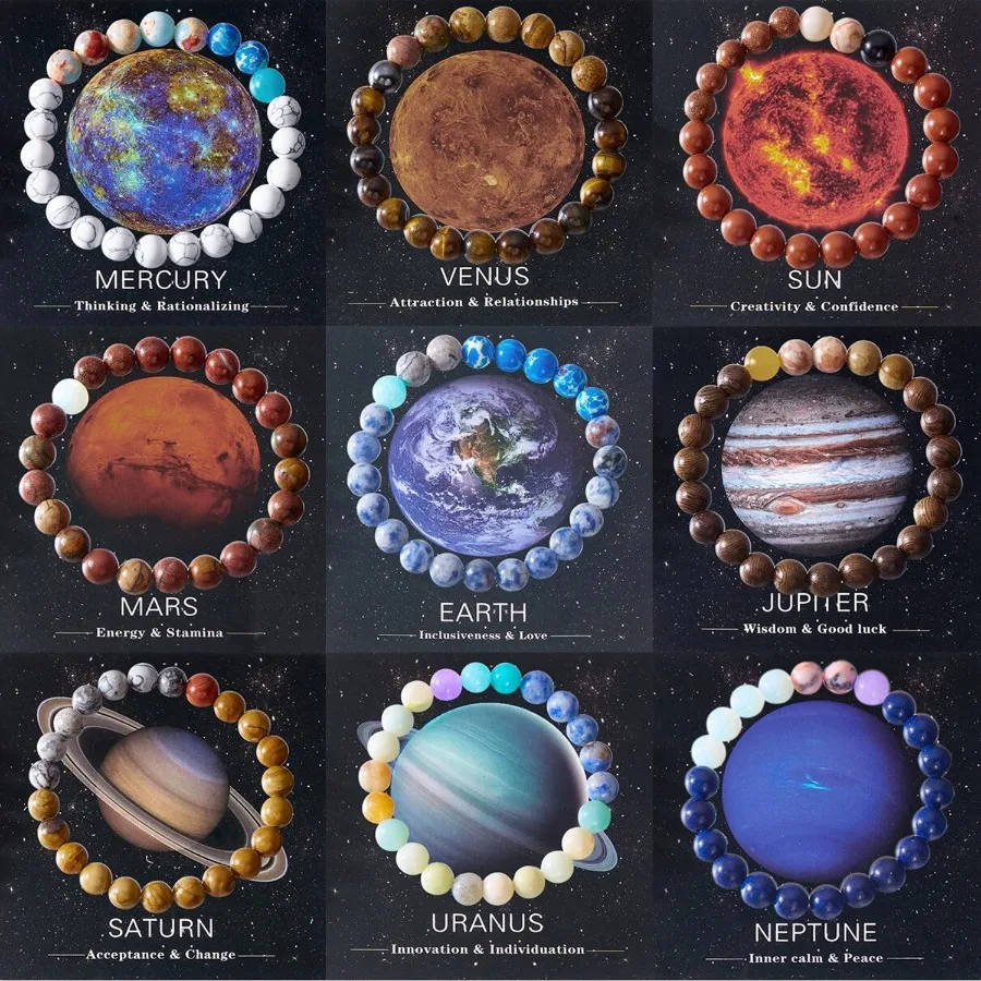 1pc Simple and Fashionable Eight-planetary Natural Stone Bracelet Same Style for Both Men and Women String Beads Planet Bracelet