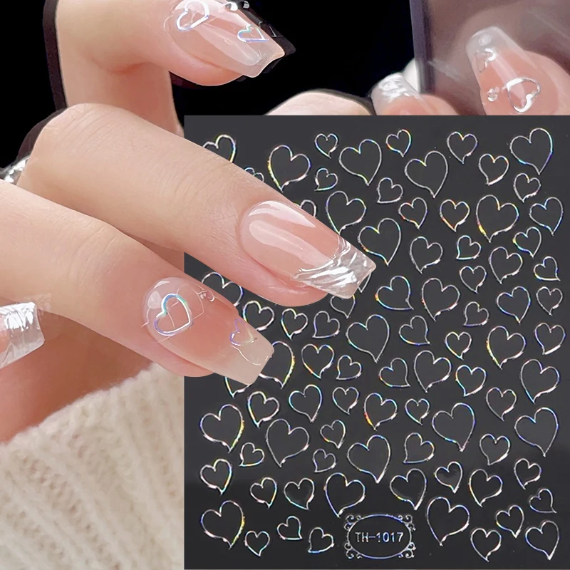 3D Laser Silver Heart Nail Sticker Golden Hollow Heart Decals Brozing Geometry Wave Lines Stripe Slider Manicure Nail Decoration