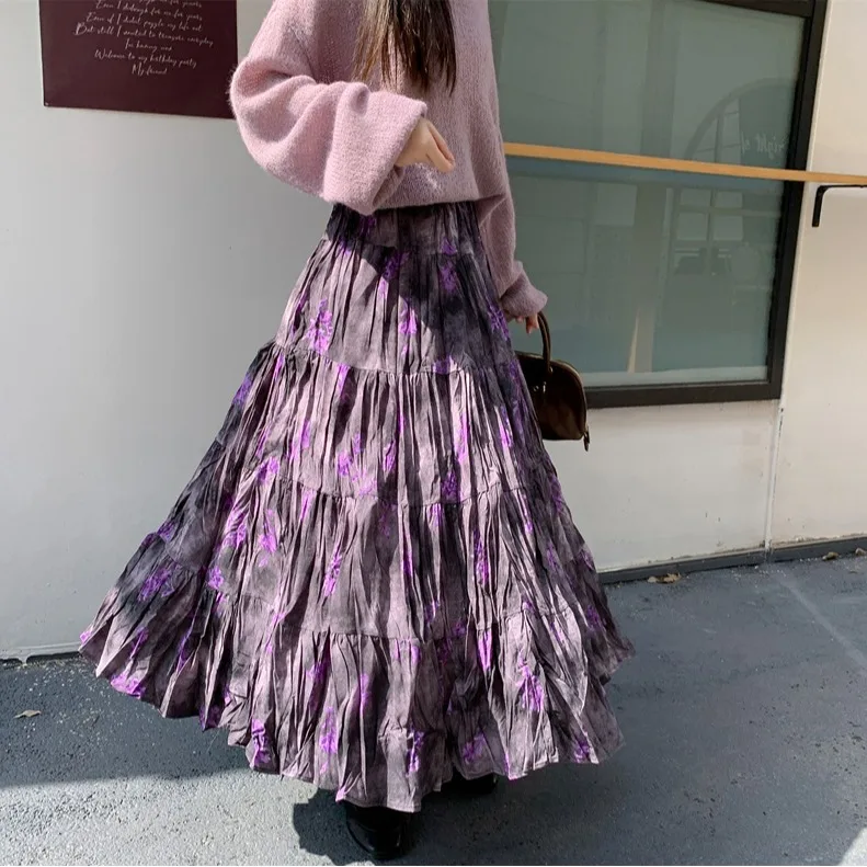 Retro Paarse Ombre Bloemen f Rok Dames Koreaanse Sle Hoge Taille Losse A-lijn Lange Rok Brede Zoom Midi Rok