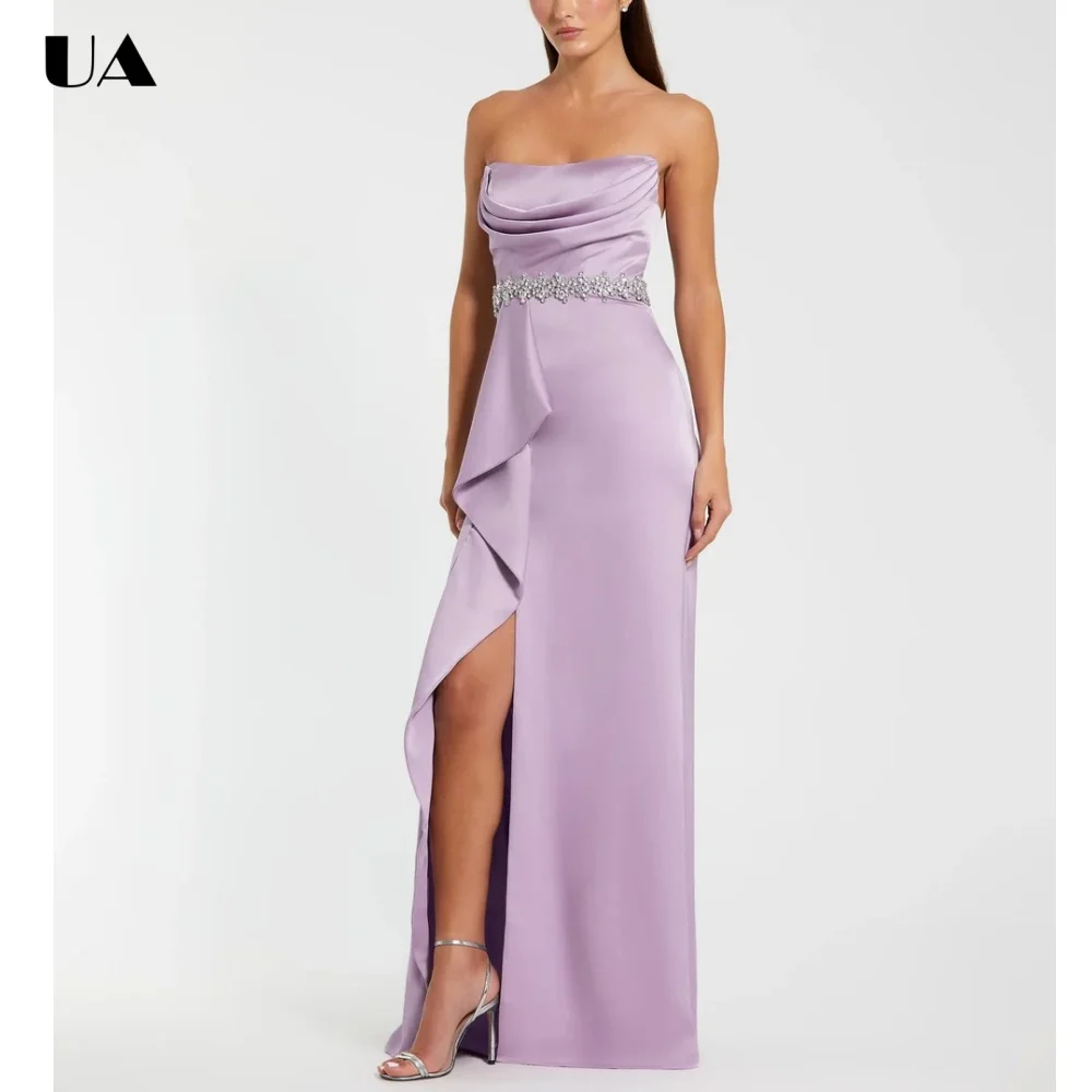 

ULBYANRY Customized Satin Strapless Draped Prom Dresses for Women, Saprkly Embellished Evening Dress, Elegant Slit Ball Gown