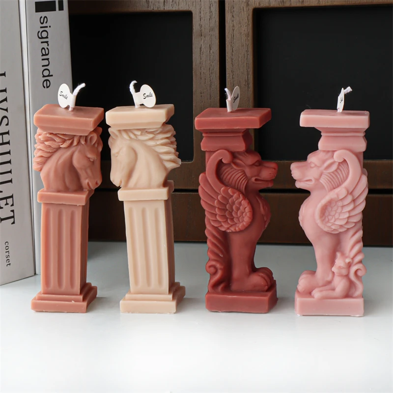 3D Lion Roman Column Candle Silicone Mold DIY Horse Head Column Statue Animal Plaster Resin Mold Home Art Decoration Tool